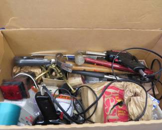 Lot 328. Lots of tools and hardware including, an untested Craftsman 19.2v cordless drill and flashlight with one battery and charger, hammers, electric Craftsman drill, fasteners and hardware, and more.