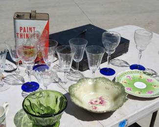 Lot 245. Painted Limoges bowls, painted Wheelock plate, VHS player, old paint thinner, glasses, tote, and more