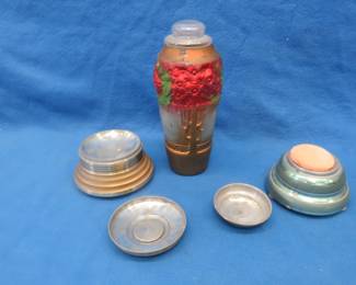 Lot 370. Two working music box/powder boxes and a painted glass vase/urn with lid