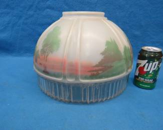 Lot 247. Vintage glass shade with a painted grist mill scene in excellent condition