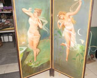 Lot 16. Old bifold painted-canvas modesty screen. Each of the two panels is 66" x 28". Unsigned. Excellent condition