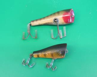 Lot 112. Vintage wooden Paw Paw 2 1/4" Baby Popper # 1200 with tack eyes, and a #2000 Popper with glass eyes.