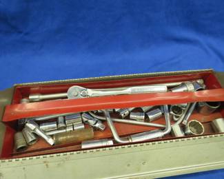 Lot 73. Metal toolbox with contents, including many Craftsman sockets, ratchets, extensions, and more including some SK