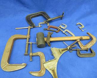Lot 397. Different sized C-clamps and a rubber mallet