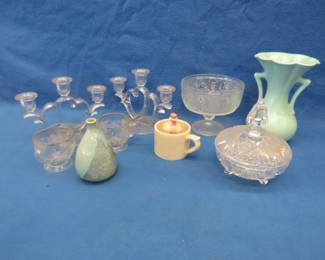 Lot 409. Glass candlesticks, Bauer vase, and more