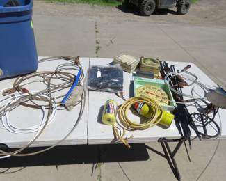 Lot 217. Dog leads, zip ties, outdoor thermometer, tote, and more