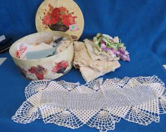 Lot 354. Hat box with dresser scarves, doilies, and more