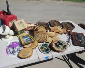 Lot 176. Box lot with wall art, wood cookies, and more