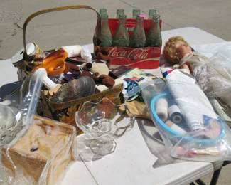 Lot 242. Coca-Cola 8-pack of bottles, sleepy eye doll, sewing supplies, tote, and more