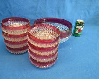 Lot 132. Indiana Glass Diamond Point Ruby Red Flash serving bowl and individual bowls