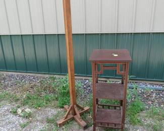 Lot 314. Wooden three-tiered stand 15"W x 38"H x 15"D and a coat rack. Needs two hooks