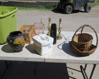 Lot 213. Box lot including a Peacocks Products vase from McCourt Studios in Minneapolis, tote and more