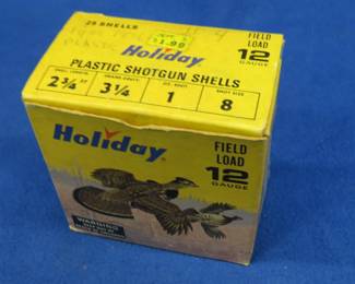 Lot 276. 25 Federal 6 & 8-shot 12-gauge rounds in a vintage Holiday box with art design by Les Kouba