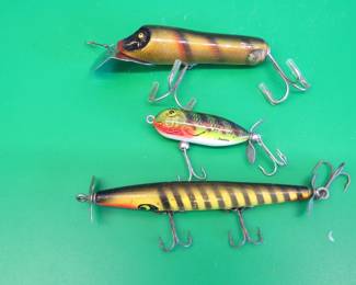 Lot 119. Vintage South Bend wooden 3 1/8" Baby Pike-Oreno with tack eyes, Smithwick Devils Horse, and a Heddon Baby Torpedo