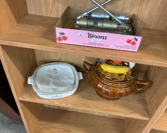 Corning Ware Blue Cornflower Casserole Dish - California Pottery Brown Glazed Vegetable Soup Tureen