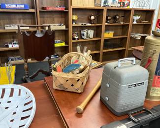 Woven Bent Wood Basket - Table Tennis Paddles - Bell & Howell Film Projector - Baseball Bat