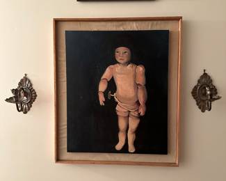 primitive painting of doll, “Some of us have to be turned on”, author information on reverse