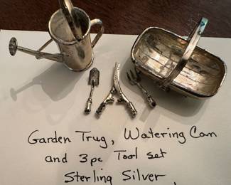 Sterling silver miniature garden tools watering can, garden trug, 