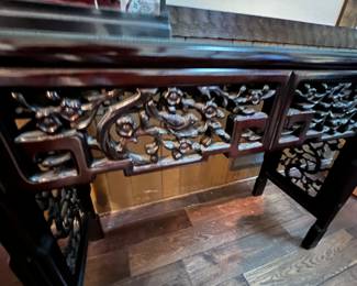 9. Carved Rosewood Console Table w/ Protective Glass Top (50" x 14" x 20")