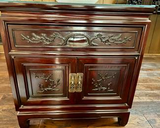 15. Pair of Carved Rosewood 1 Drawer 2 Door End Tables w/ Protective Glass Top (22" x 24" x 23")