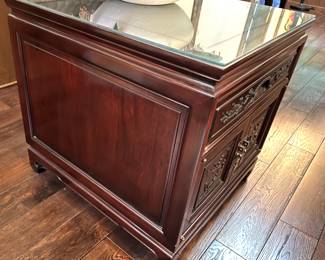 15. Pair of Carved Rosewood 1 Drawer 2 Door End Tables w/ Protective Glass Top (22" x 24" x 23")