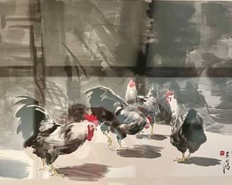 22. Signed Watercolor of Roosters (46" x 35")