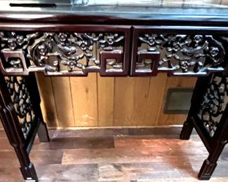 9. Carved Rosewood Console Table w/ Protective Glass Top (50" x 14" x 20")