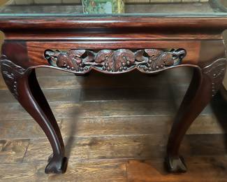 7. Pair of Carved Rosewood End Tables w/ Protective Glass Top (28" x 20" x 23")