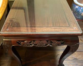 7. Pair of Carved Rosewood End Tables w/ Protective Glass Top (28" x 20" x 23")