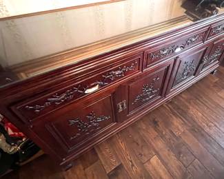 25. Carved Rosewood Sideboard w/ Protective Glass Top (72" x 20" x 33")