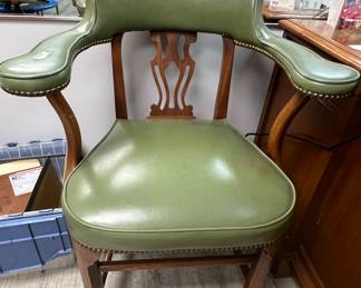 114. Green Armchair w/ Wood Accent & Nailhead Detail
