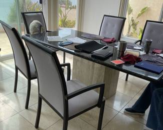 Large glass and Travertine base - dining table and chairs
