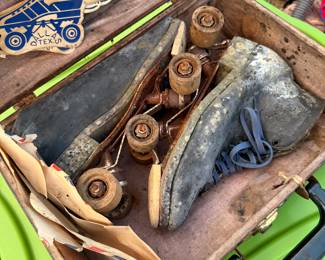 Antique Wood Wheel Roller Scates in original metal box