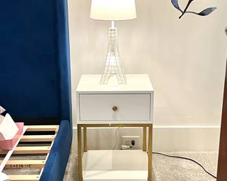  Pottery Barn Teens Modern White Nightstand with Gold Legs and Eiffel Tower Lamp