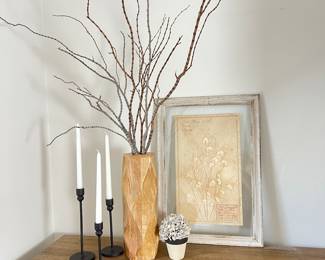 Rustic Decorative Vase with Twigs, Framed Vintage Floral Art, Candle Holders, Plant Pot