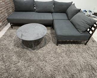 Modern Restoration Hardware Grey Sectional Sofa with Cushions and Round Coffee Table
