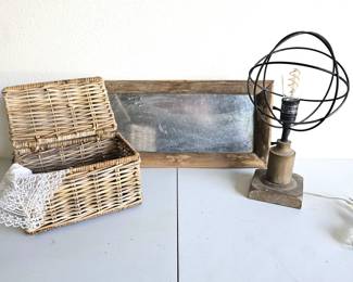 Vintage Wicker Storage Basket & Industrial Table Lamp with Edison Bulb & Rustic Metal Tray Set