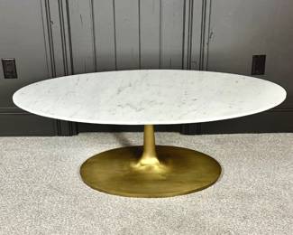 Oval Crate & Barrel Marble Top Coffee Table with Tulip Gold Base 50"L x 26"W x 17"H