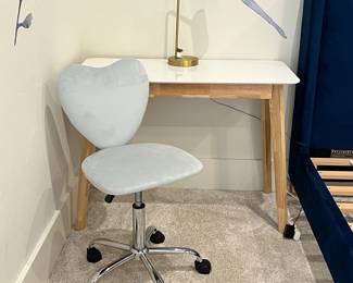  Heart Shaped Chair, Pottery Barn White Desk and Gold Table Lamp