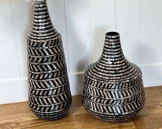 Set of Two Black Mother of Pearl Shell Tribal Decorative Vases 25” & 19”