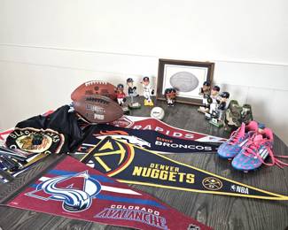 Large Lot of Assorted Sports Items! Pennants, Sports Figurines, Blackhawk Shirt, and more!