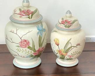Set of 2 Floral Ginger Jars - Ceramic - Hand-Painted - Home Decor