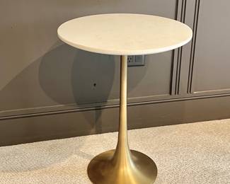  Modern Crate and Barrel Round End Table with Brass Metal Base, Marble White Top