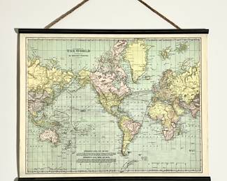 Vintage Style World Map Decor Wall Art, Hanging Geography Chart- Restoration Hardware