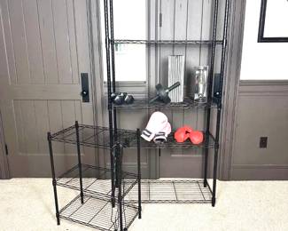 Two Black Metal Wire Shelving Units with Fitness Equipment - Dumbbells, Boxing Gloves, Foam Roller