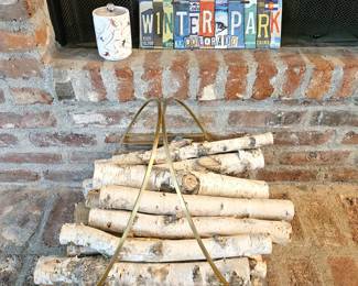 Crate & Barrel Aspen Logs in Gold Tray with Decorative Ski Candle and Winter Park License Plate