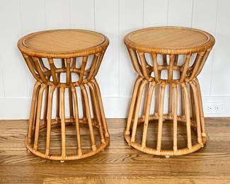 Crate & Barrel Rattan Side Table Set - Natural Bamboo Finish - Boho Chic Home Decor