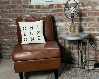 Mid-Century Modern Brown Leather Accent Chair with Chill Zone Pillow and Industrial Lamp