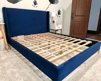 Pottery Barn Navy Blue Upholstered Bed Frame with Wooden Slats -Queen