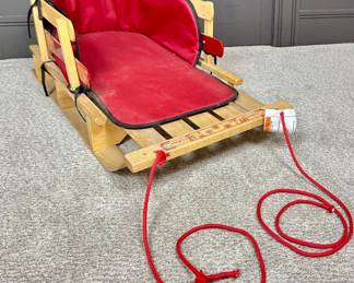 LL Bean Red Wood Snow Sled Sleigh with Comfortable Cushion and Ropes